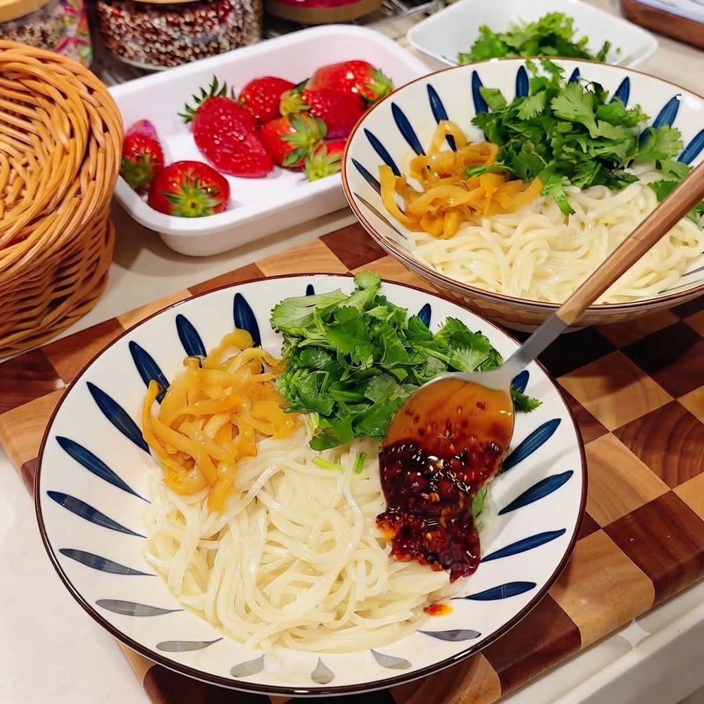 Una cucharada de aceite de chile rojo siendo añadida a un tazón que contiene fideos, tubérculos de mostaza encurtidos y cilantro picado.