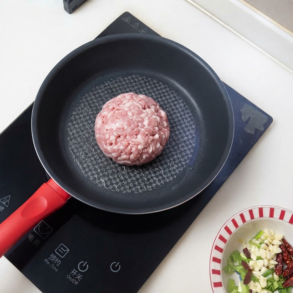 Carne de cerdo picada friéndose en una sartén negra sobre una placa de inducción.