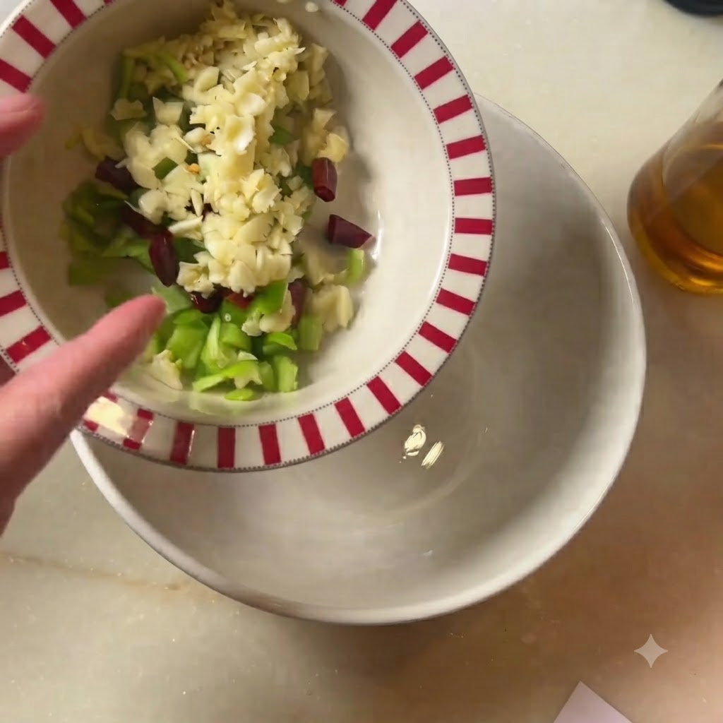 Un bol que contiene ajo picado, chiles verdes y trozos de chile rojo seco.