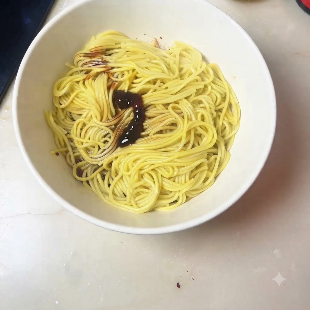 Polvo de trece especias y azúcar añadidos sobre los fideos dentro de un bol blanco.