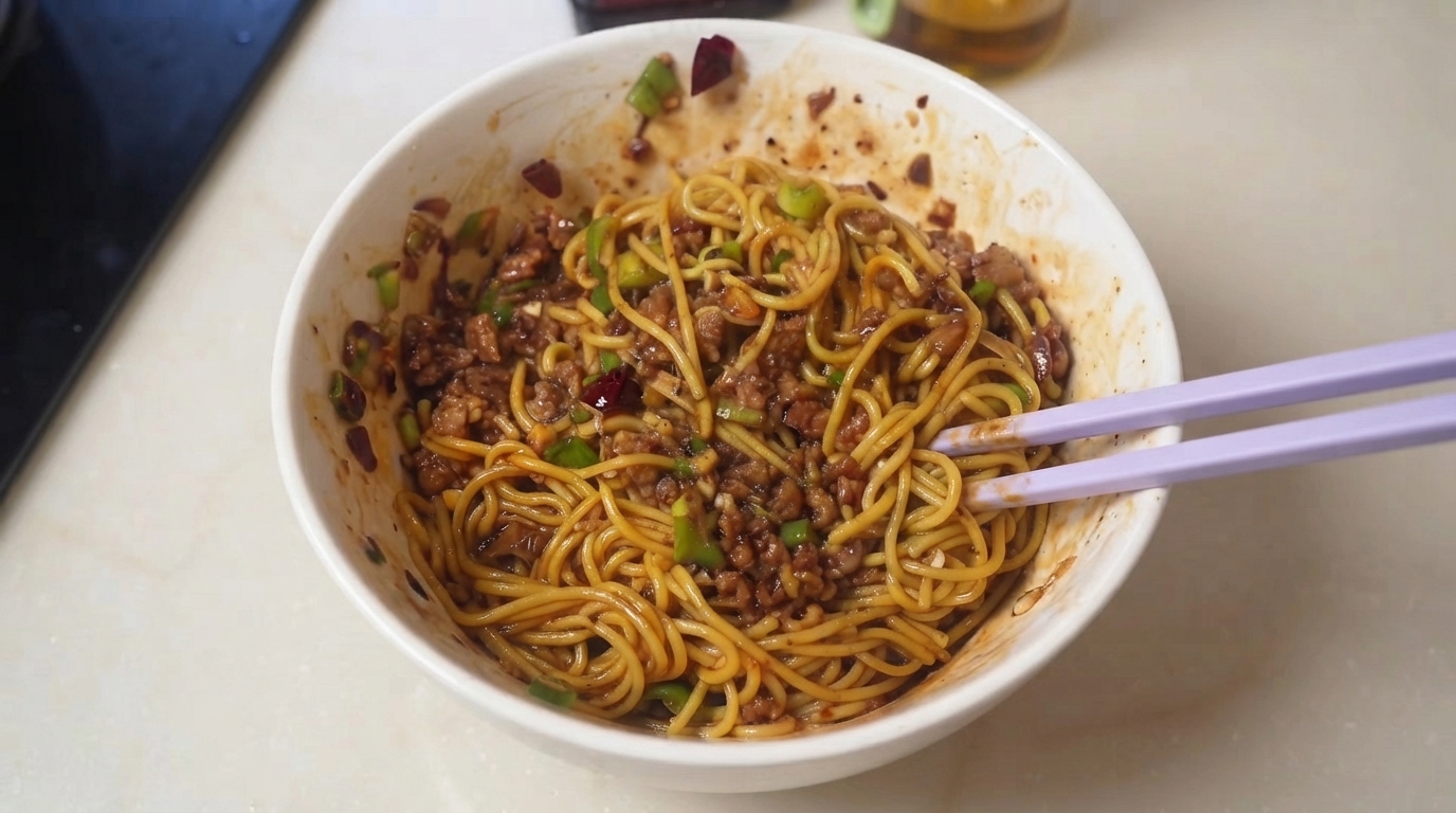 Fideos Picantes con Carne Picada y Salsa