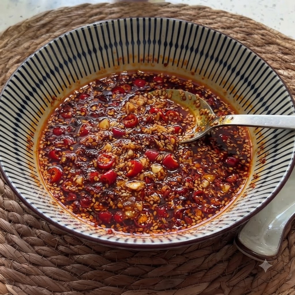 Semillas de sésamo blanco y una cucharada de polvo de chile rojo añadidas a la mezcla de ajo y chile en el tazón.