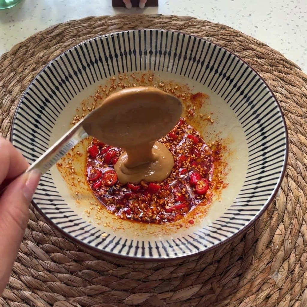 Pasta Erba colocada con una cuchara en la mezcla de aceite sazonado dentro del tazón.