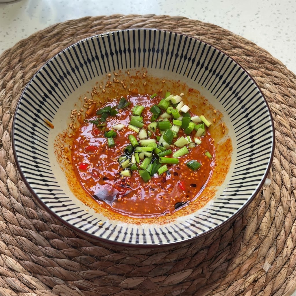 Cebollas verdes picadas y cilantro esparcidos sobre la mezcla de salsa en el tazón.