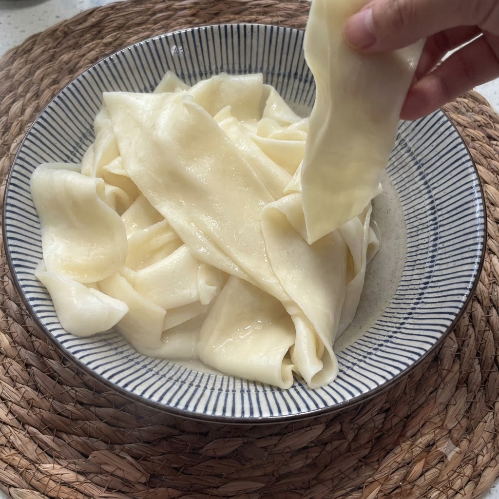 Un tazón que contiene fideos anchos recién hervidos sostenido para mostrar su textura suave y flexible.