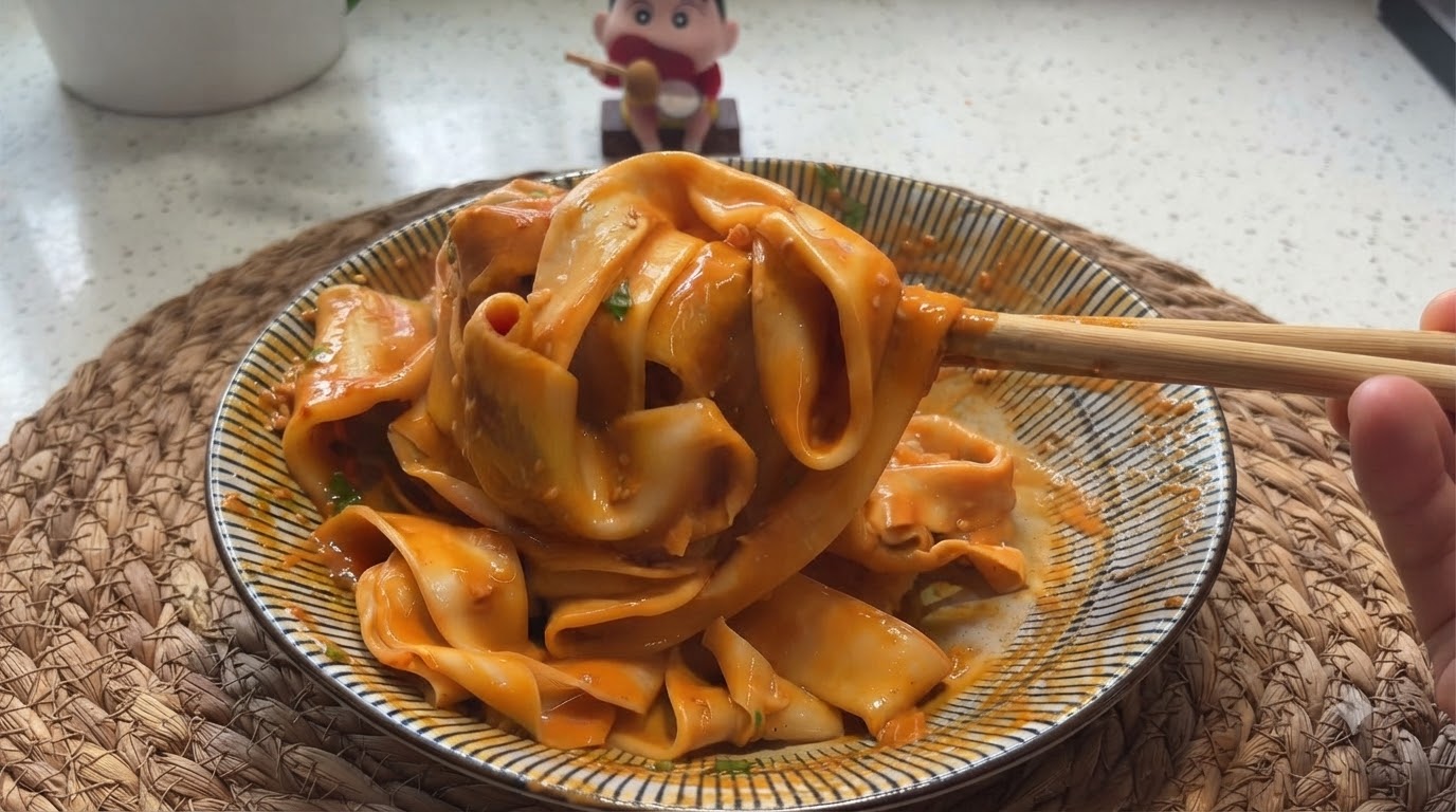 Fideos Anchos Jugosos con Salsa de Pasta de Sésamo