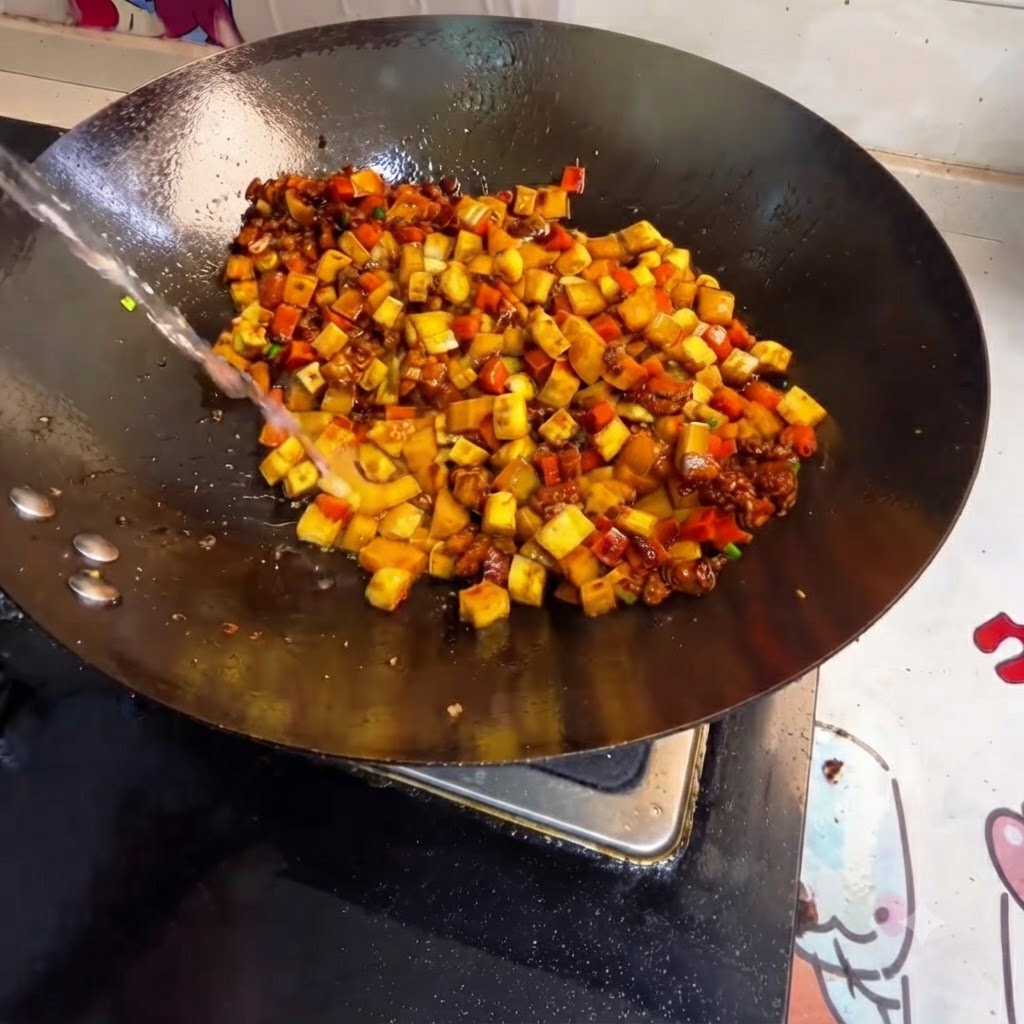 Chorro de agua vertiéndose en un wok lleno de verduras picadas y carne.