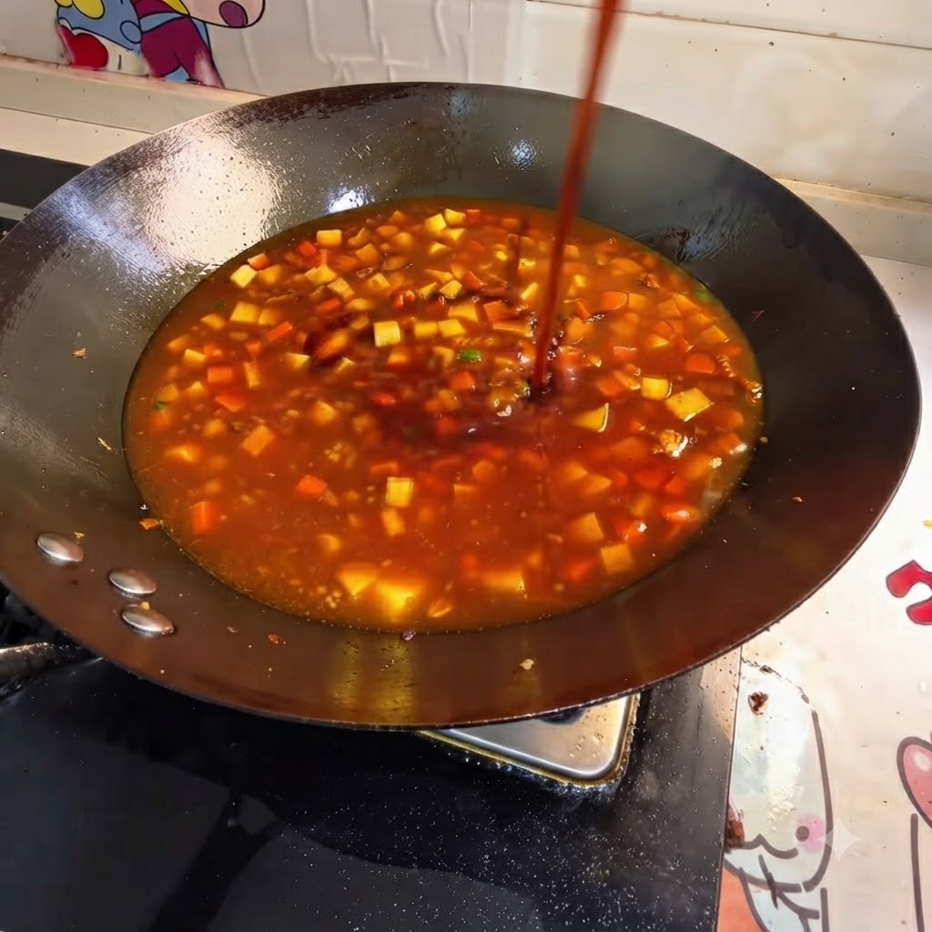 Condimentos y agua hirviendo en el wok con las verduras y el tofu.