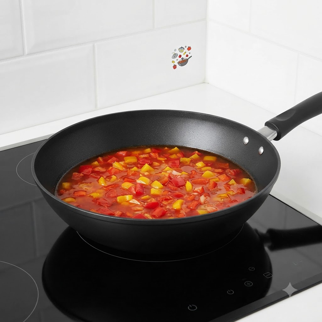 Un wok tapado sobre la estufa mientras los ingredientes se cocinan a fuego lento.