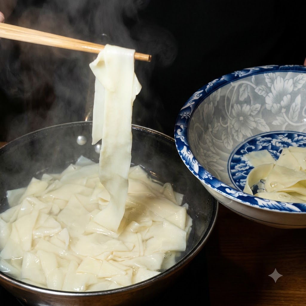 Fideos anchos siendo levantados con palillos de una olla hirviendo y colocados en un tazón de cerámica azul y blanca.