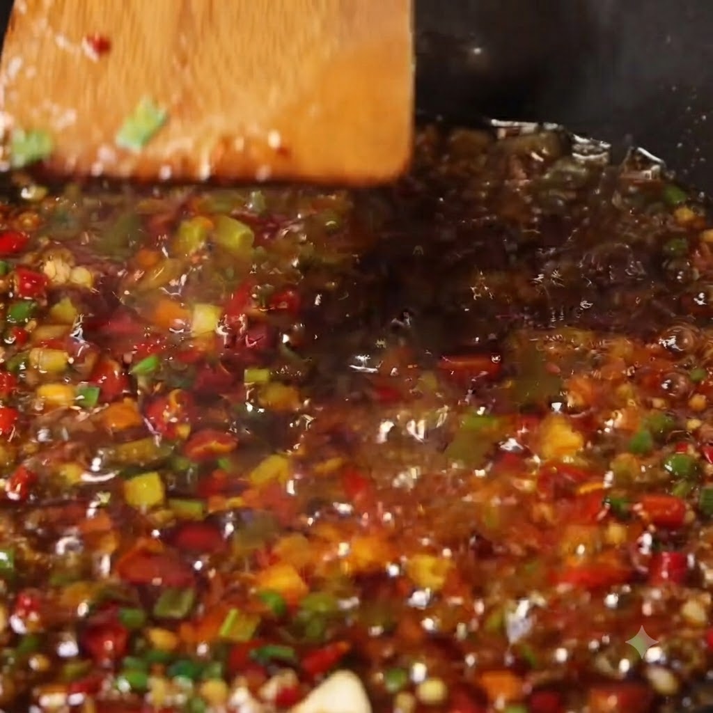 Una espátula de madera revolviendo una mezcla a fuego lento de chile, ajo y salsa de carne en un wok.