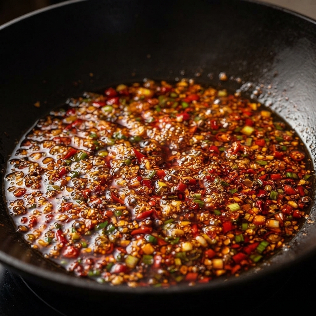 Un wok negro lleno de una vibrante salsa roja burbujeante de chile y carne, mezclada con cebolletas picadas, aromáticos y semillas de sésamo.