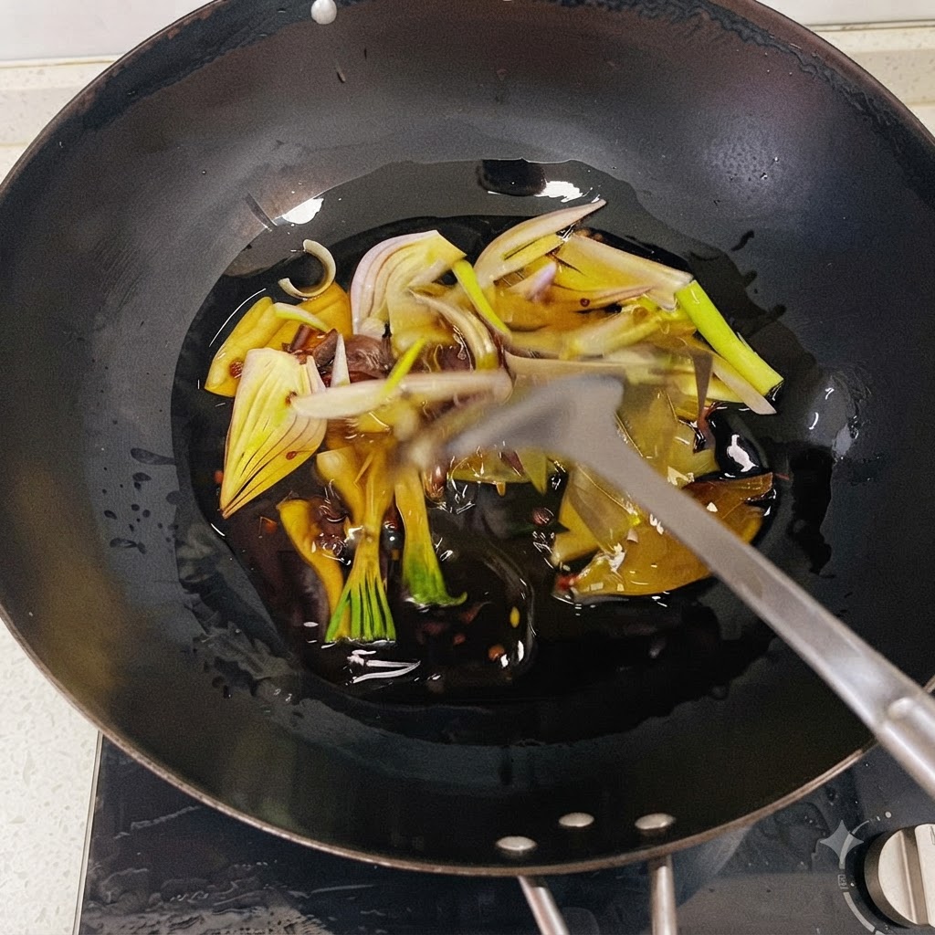 Aromáticos que incluyen gajos de cebolla, cebollines y especias friéndose en aceite caliente dentro de un wok.