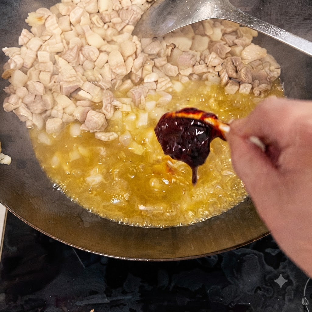 Una cucharada de pasta de frijol oscura siendo añadida a trozos de cerdo cocidos que flotan en aceite dentro de un wok.