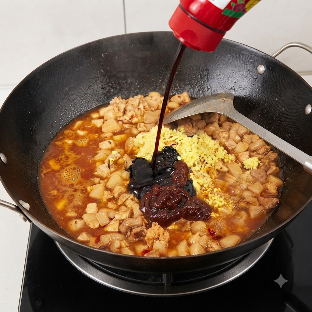 Salsa de soja, salsa de ostras y azúcar de roca siendo vertidas en el wok con la carne y las especias.