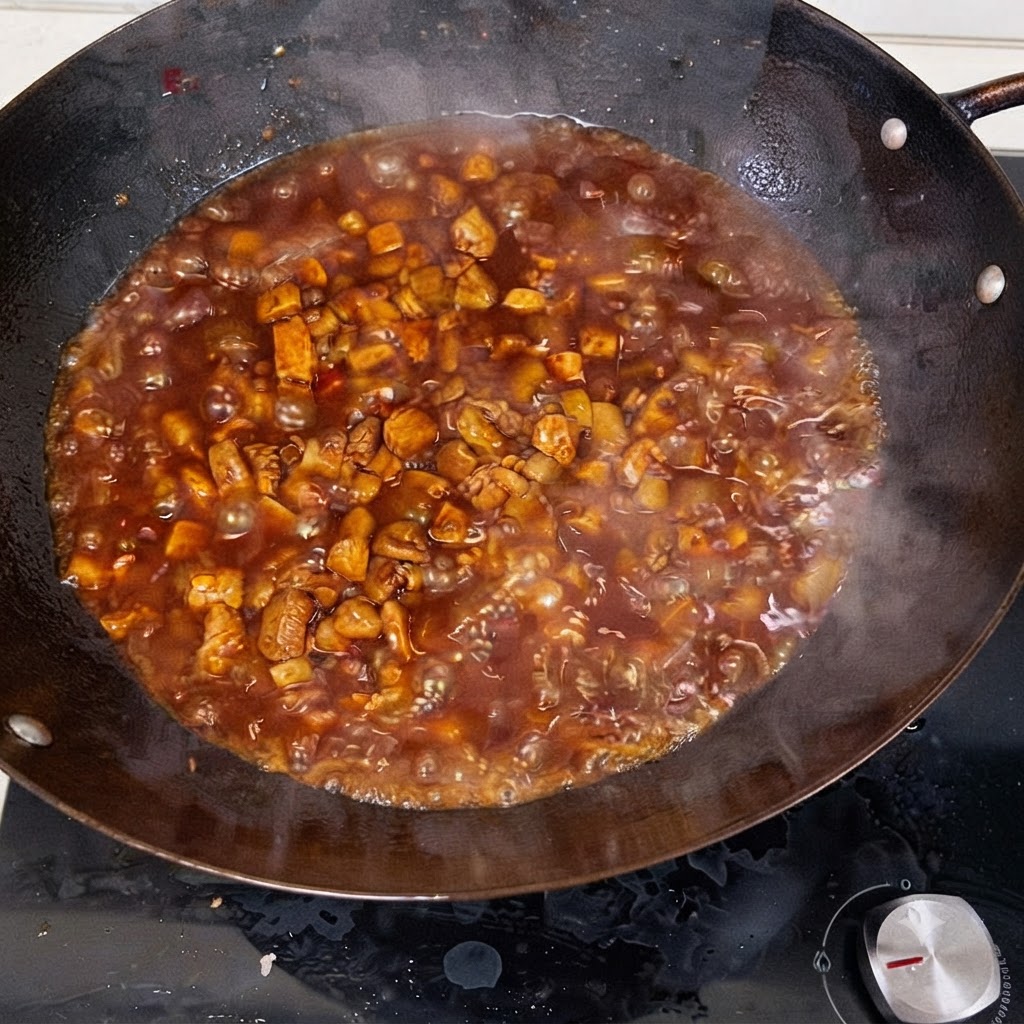 Agua caliente siendo vertida en el wok que contiene carne y salsa a fuego lento.