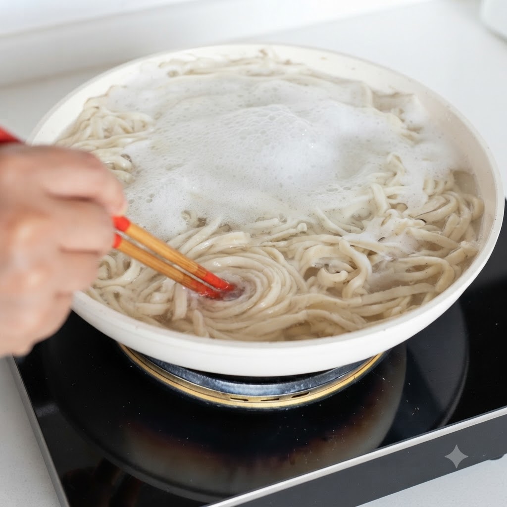 Fideos cocinándose en una olla de agua hirviendo con burbujas formándose en la parte superior.