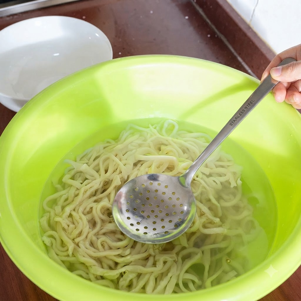 Fideos cocidos siendo enjuagados en un recipiente con agua fría usando una cuchara ranurada.