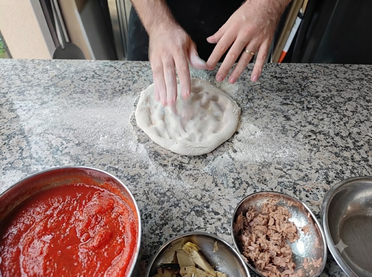 Manos aplanando una pieza redonda de masa de pizza sobre una mesa enharinada.