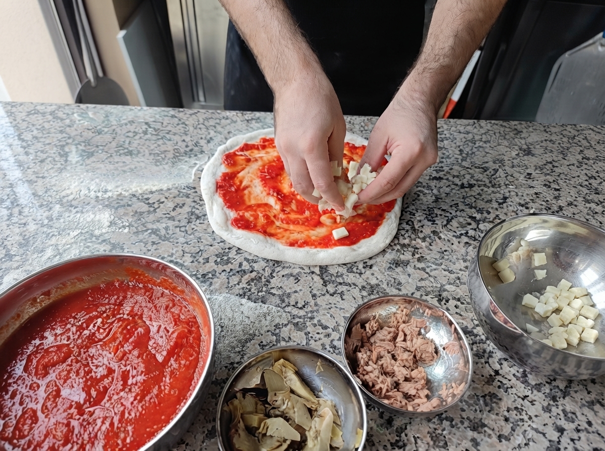 Manos colocando cubos de queso mozzarella blanco sobre una base de pizza cubierta de salsa.