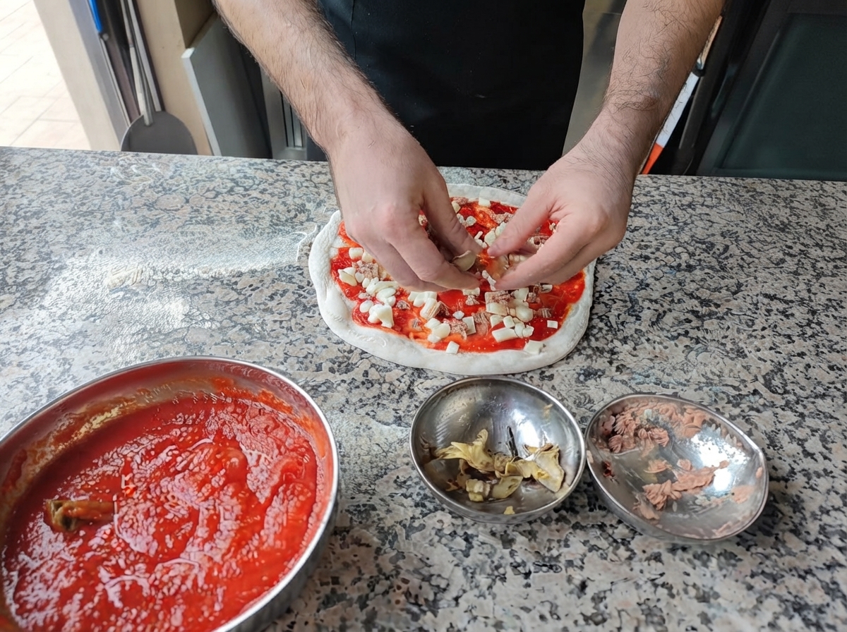 Manos colocando atún en hojuelas y trozos de alcachofa asada sobre una pizza cruda cubierta con salsa de tomate y queso.