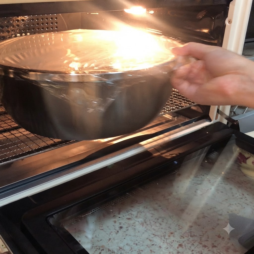 Un bol de masa tapado siendo colocado en la rejilla del horno bajo la luz.
