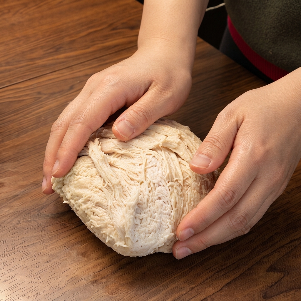 Manos dando forma y dividiendo una porción de masa de pizza fermentada sobre una superficie de madera.