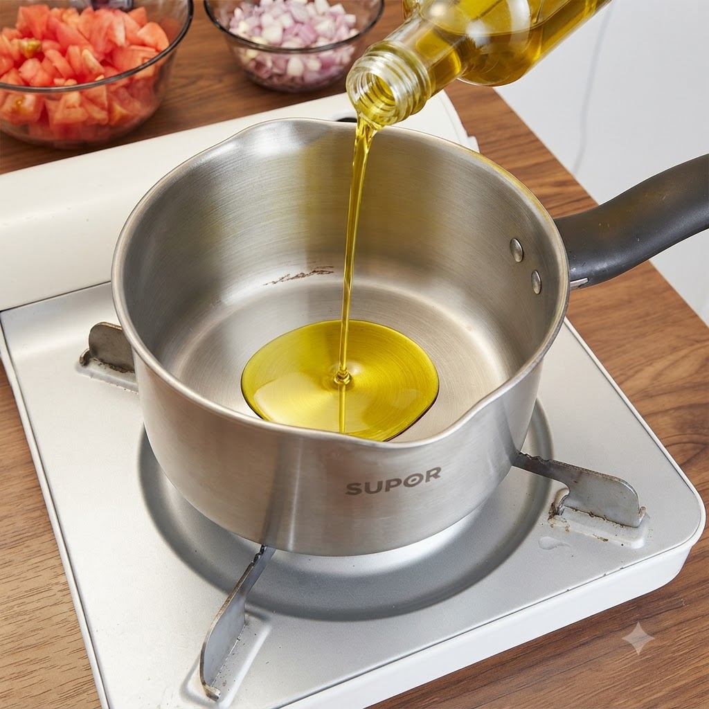 Aceite de oliva siendo vertido en una cacerola de metal en una estufa portátil con tomates picados y cebollas cerca.