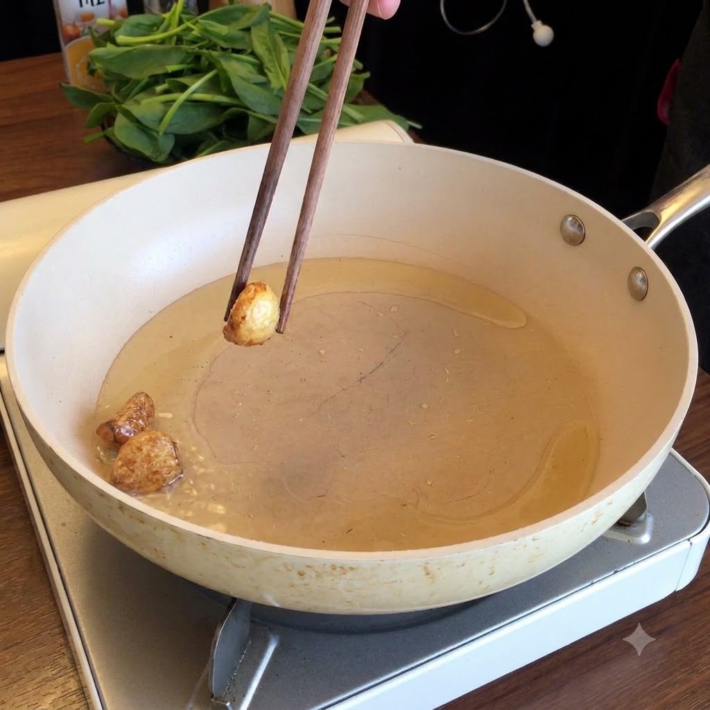 Palillos sosteniendo un trozo de ajo frito sobre una sartén con aceite, con espinacas frescas amontonadas al fondo.
