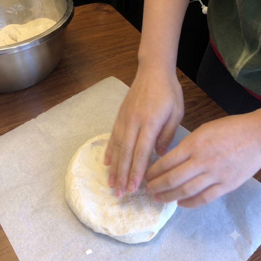 Manos presionando y extendiendo la masa de pizza fermentada de manera uniforme sobre papel de horno.