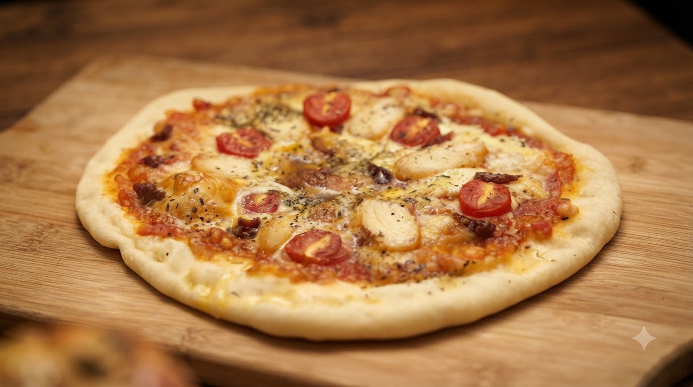 Plato de Pizza Casera con Espinacas Cremosas y Salsa de Tomate