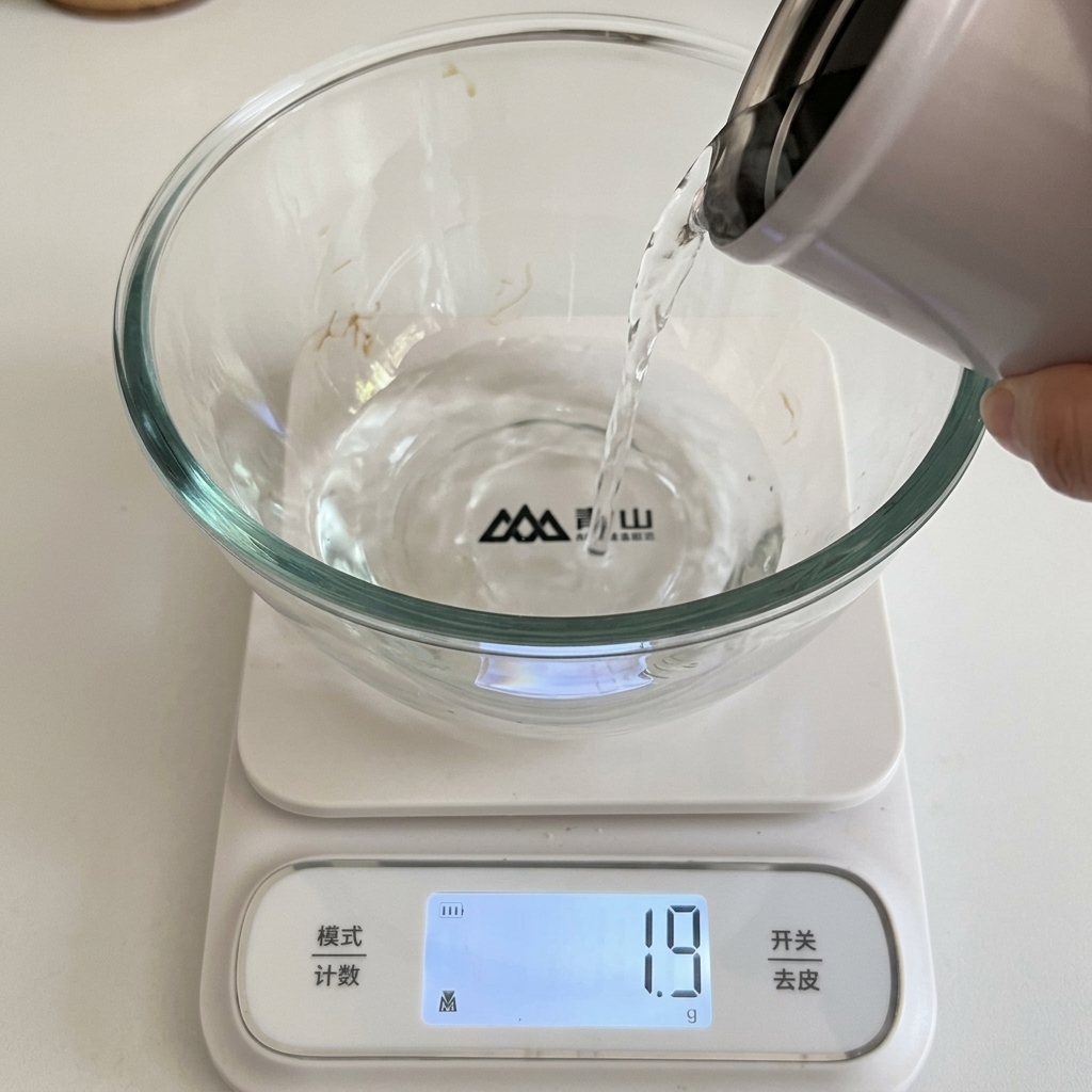 Agua y levadura seca activa midiéndose en un bol de cristal sobre una báscula de cocina.