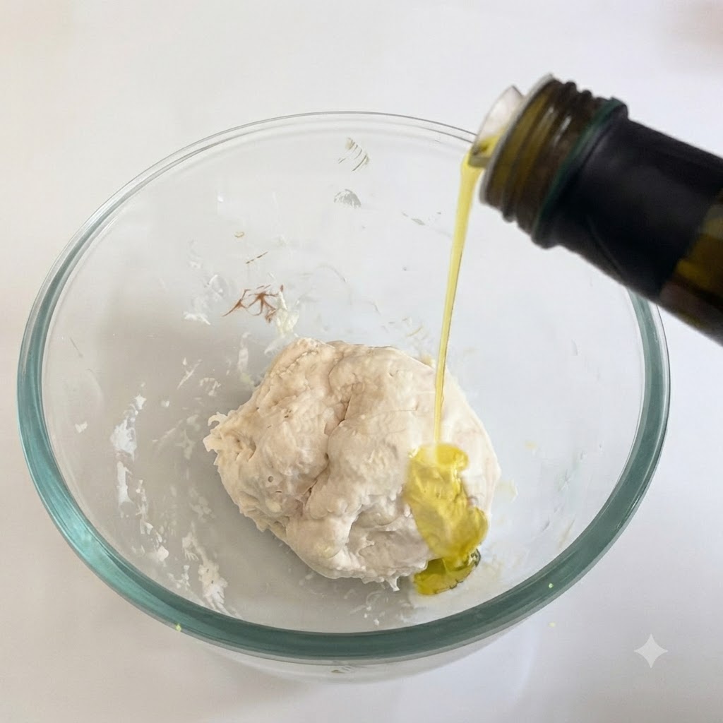 Un chorrito de aceite de oliva cayendo sobre una bola de masa de pizza en un bol de cristal.