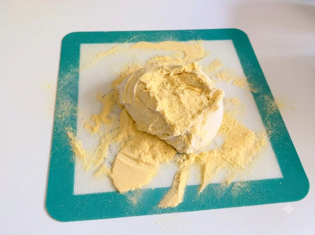 Masa sobre un tapete de silicona cubierto con una capa de harina de maíz amarilla.