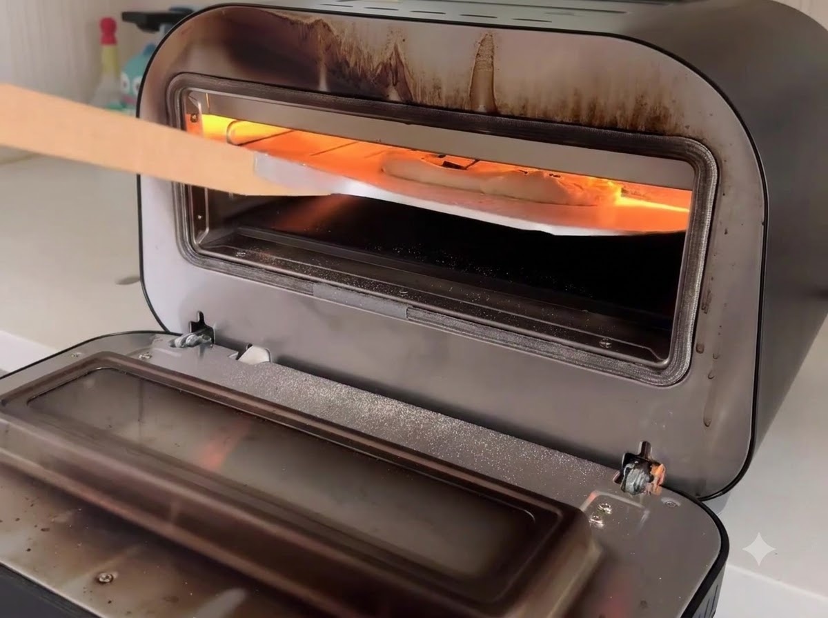 Una pizza siendo transferida con una pala de madera al interior caliente de un horno compacto.