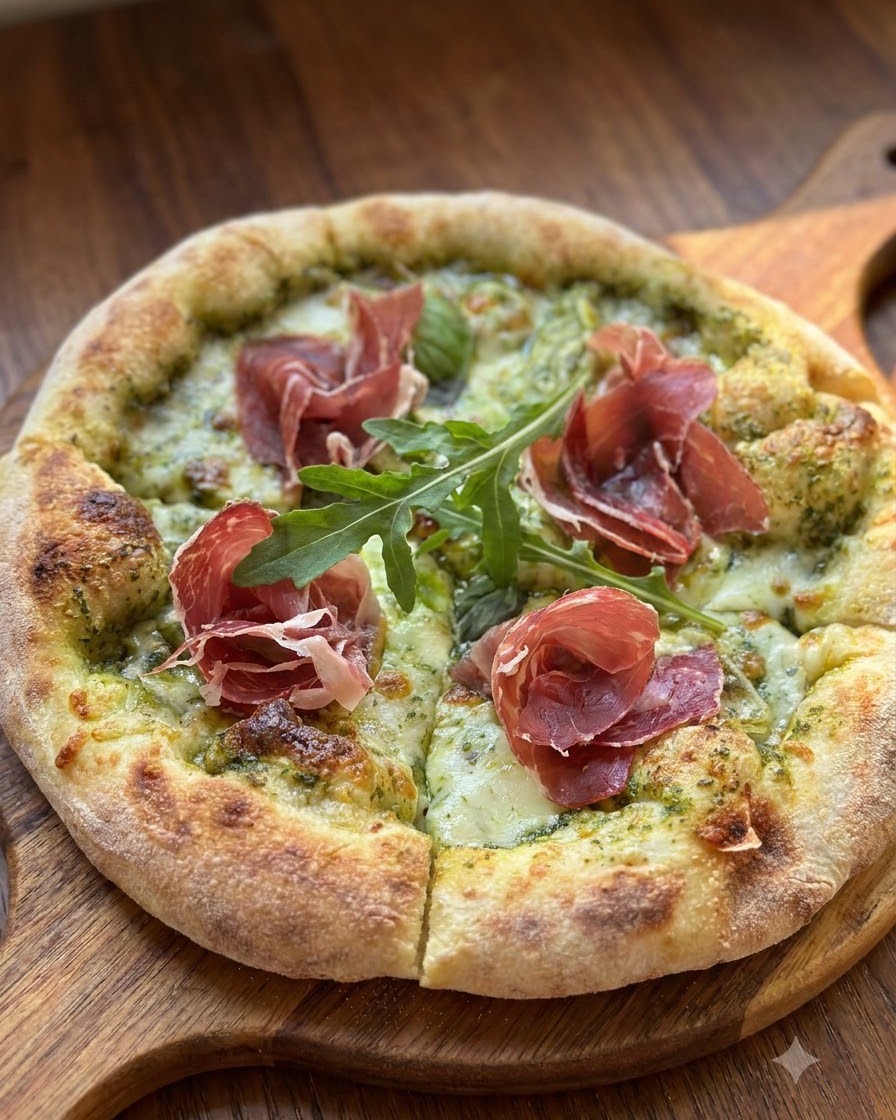 Una pizza recién horneada sobre una tabla de madera decorada con dobleces de jamón curado y hojas de rúcula verde fresca.