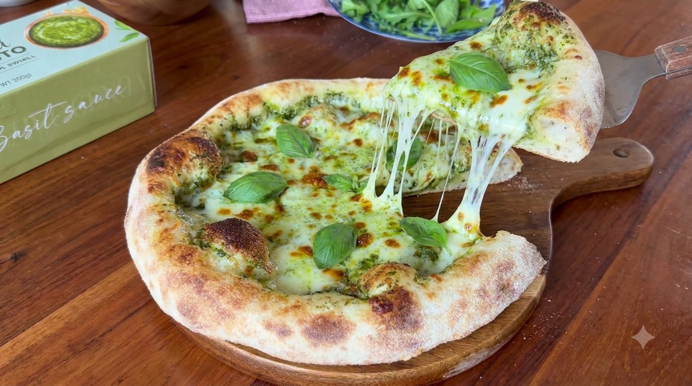 Pizza clásica italiana con pesto de albahaca