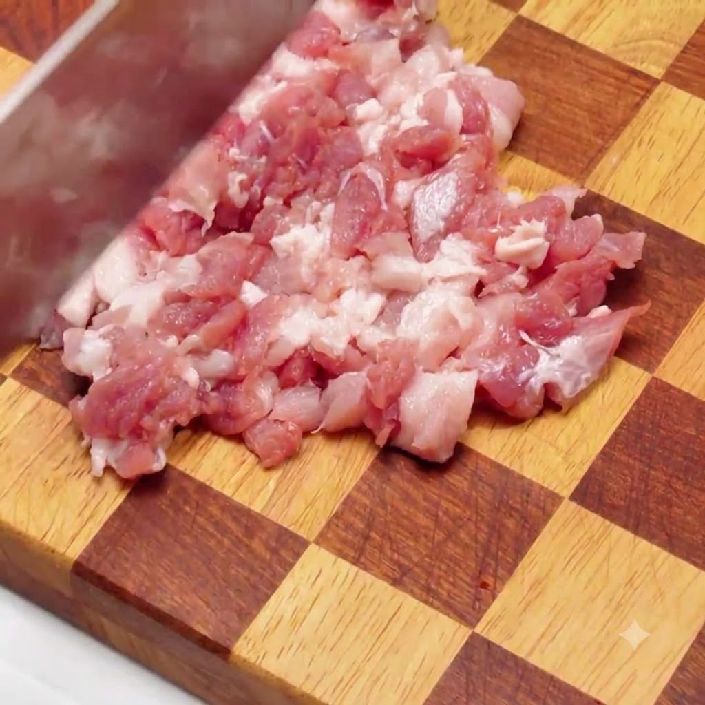 Panceta de cerdo siendo cortada cuidadosamente en pequeños cubos sobre una tabla de cortar de madera con un cuchillo afilado.