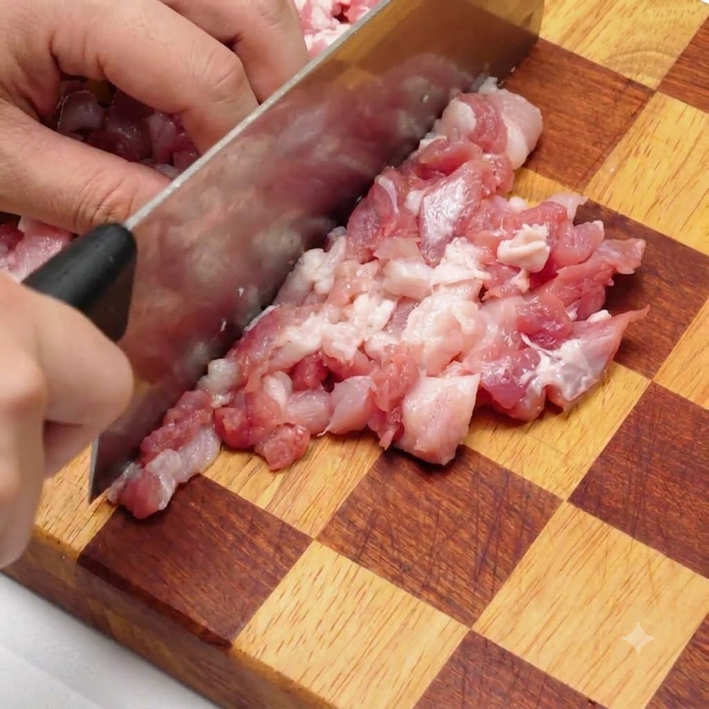 Champiñones blancos siendo rebanados y picados en trozos pequeños sobre una tabla de madera.