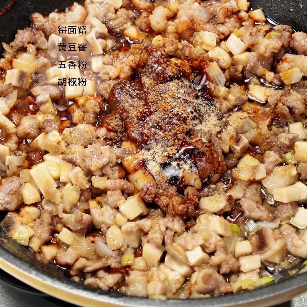 Agua clara siendo vertida en la sartén que contiene el cerdo dorado y los champiñones picados con las salsas y especias.