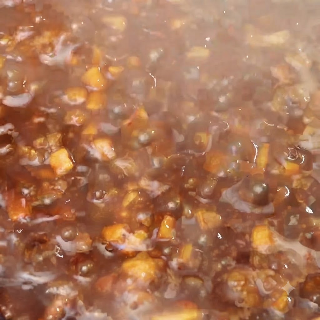 Almidón con agua siendo rociado en la salsa de carne burbujeante dentro de la sartén.