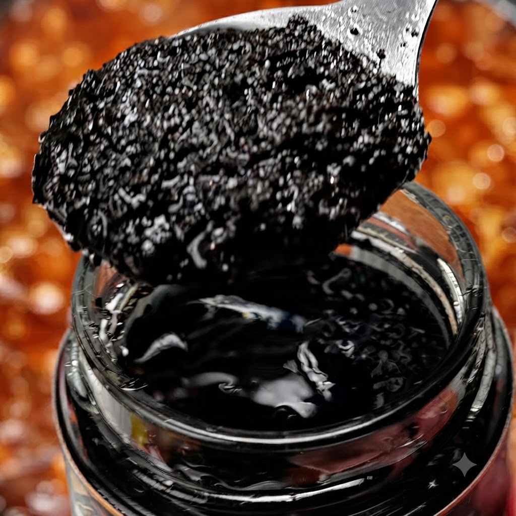 Una cucharada de pasta de trufa negra sostenida sobre un frasco de vidrio, lista para ser añadida al plato.