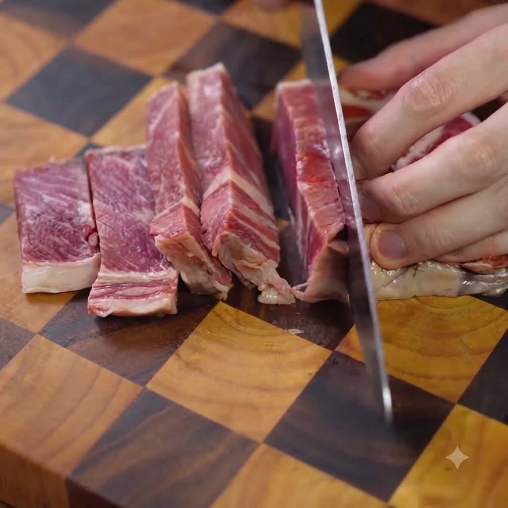 Un cuchillo de cocina afilado cortando un trozo de chuletón de ternera crudo en tiras uniformes sobre una tabla de cortar de madera.