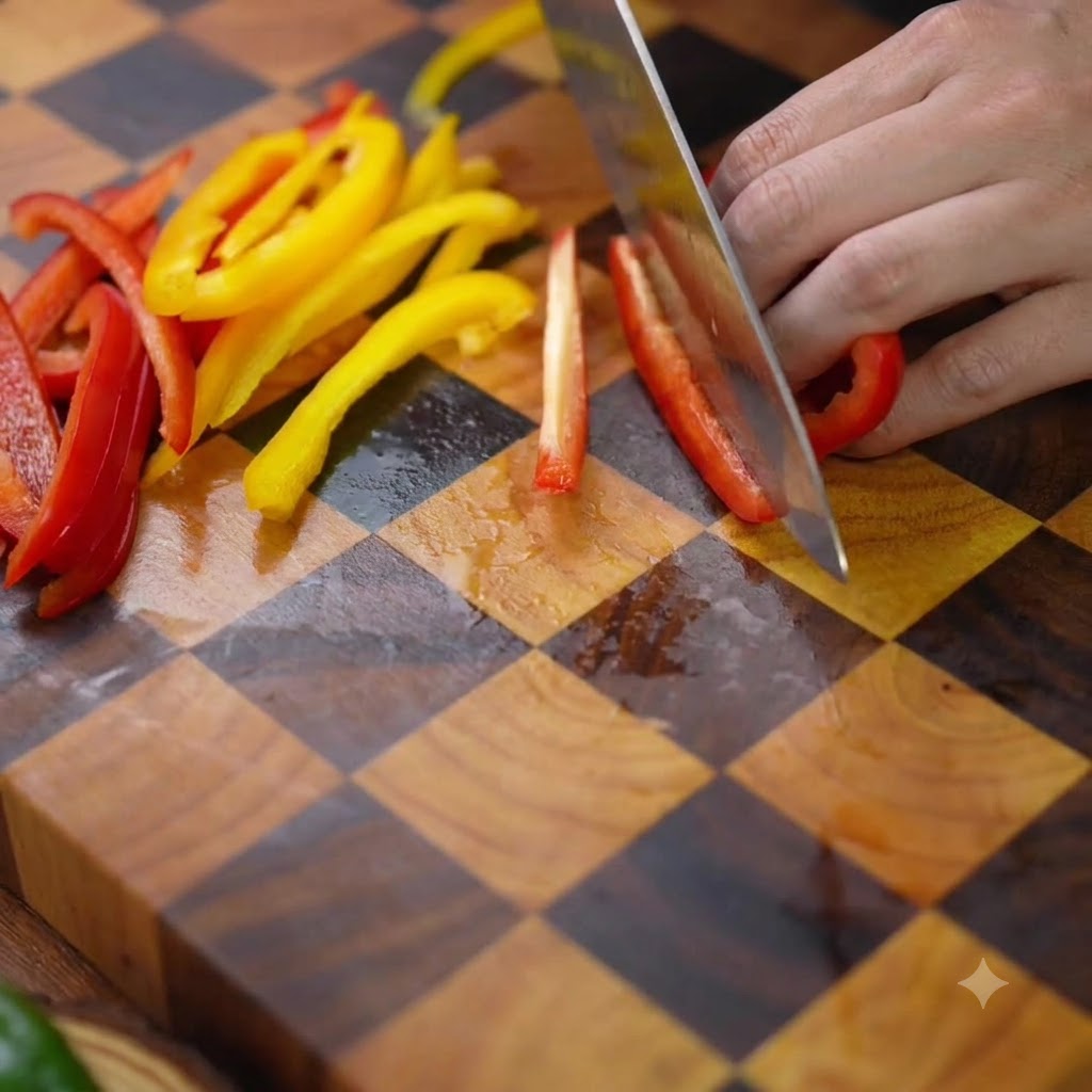 Pimientos amarillos y rojos cortados en tiras finas sobre una tabla de cortar de madera a cuadros.