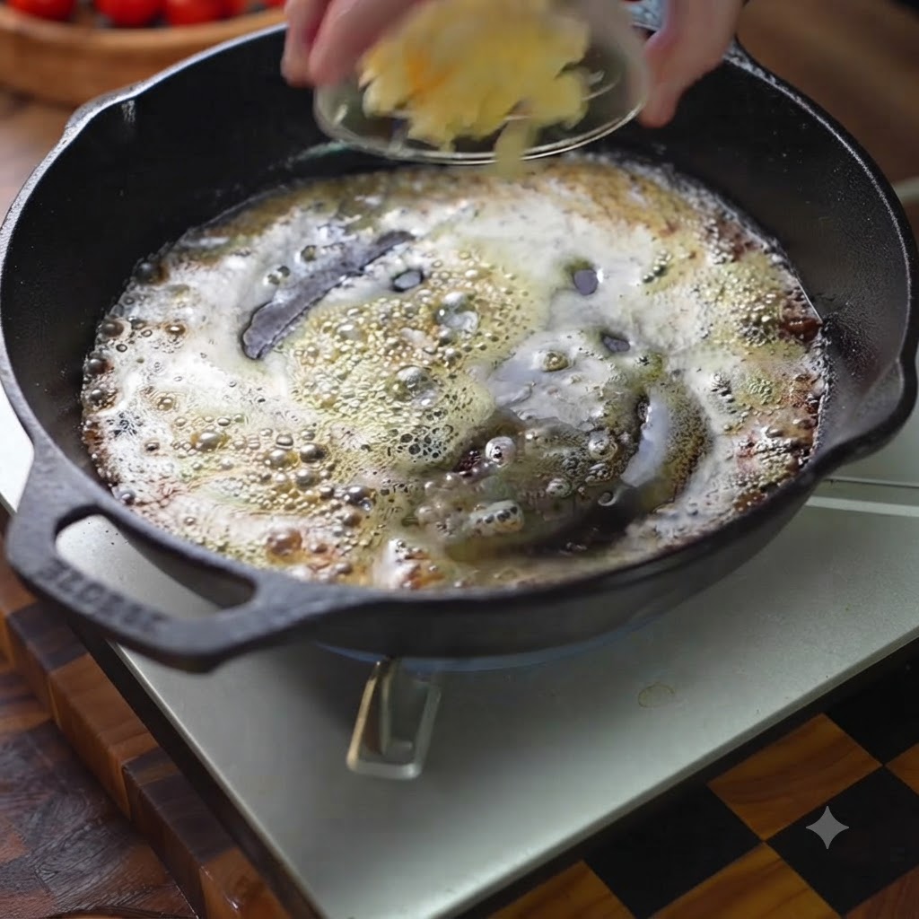 Ajo picado y cebolla en dados cociéndose en mantequilla derretida dentro de una sartén oscura de hierro fundido.