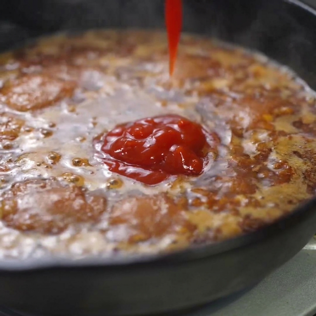 Pasta de tomate y salsa de soja vertidas y añadidas a la salsa burbujeante de la sartén.