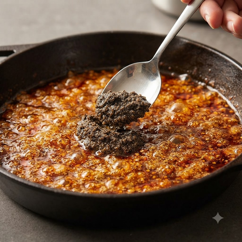 Una cuchara plateada sosteniendo pasta de trufa negra sobre una salsa marrón oscura burbujeante en la sartén.