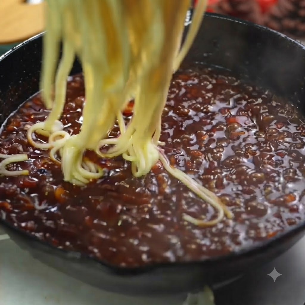 Fideos de espagueti recién cocidos levantados y depositados en una sartén con salsa de pasta rica a la trufa.