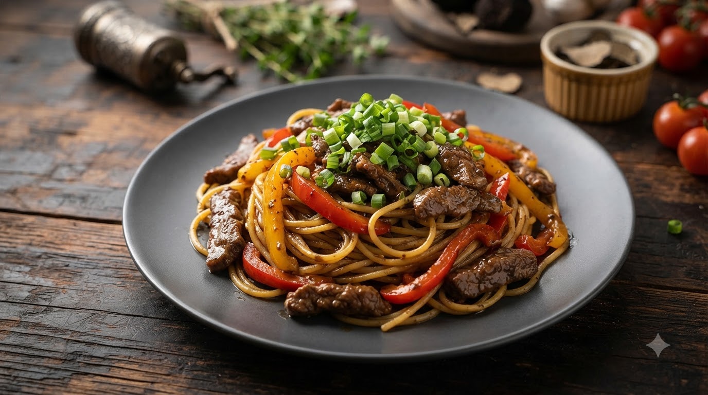 Espaguetis con Salsa de Trufa Negra y Ternera