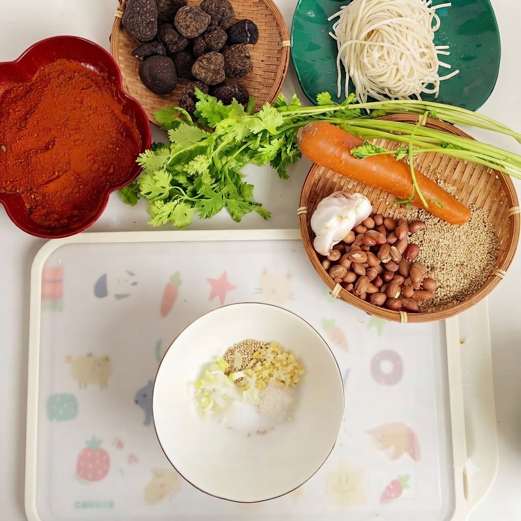 Un tazón blanco que contiene sal, azúcar, semillas de sésamo, jengibre y ajo picados, chile en polvo y trufa negra picada.